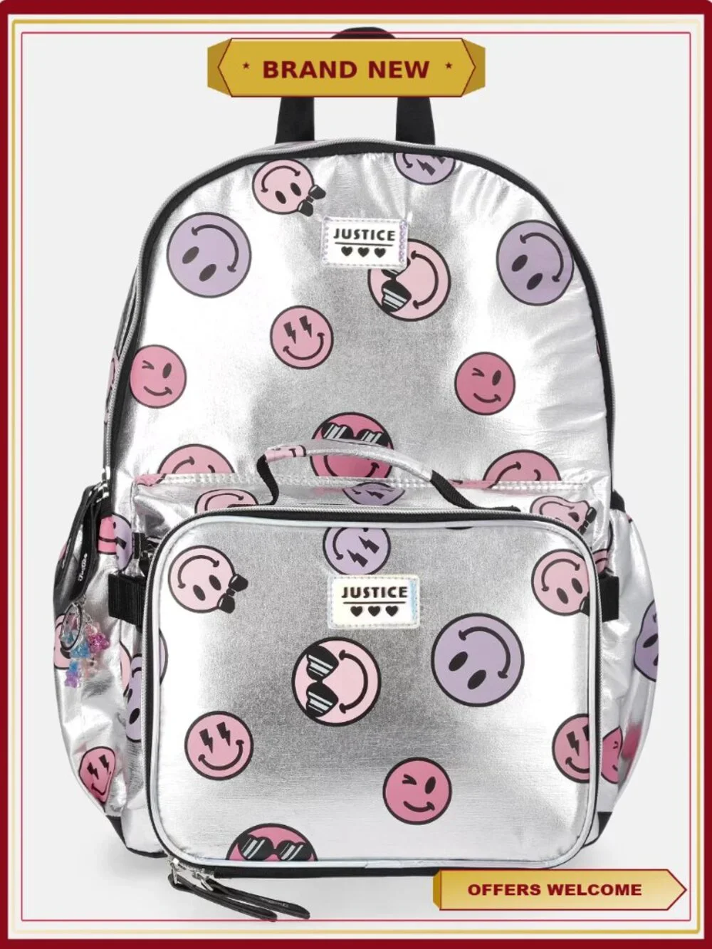 Girls 17 Inch Silver Foil Smiley Backpack and Lunch Tote Set with Keychain